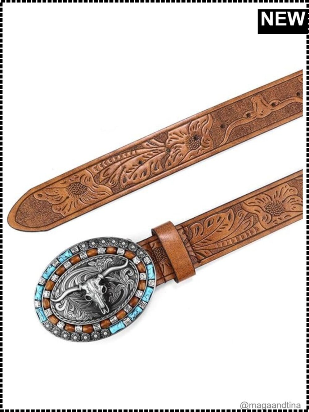 Women Western PU Leather Turquoise Oval Buckle Belt